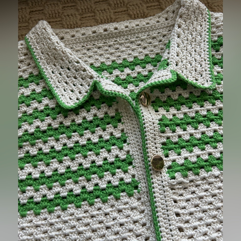 Collared short-sleeve cardigan shirt in stripe crochet cropped XS